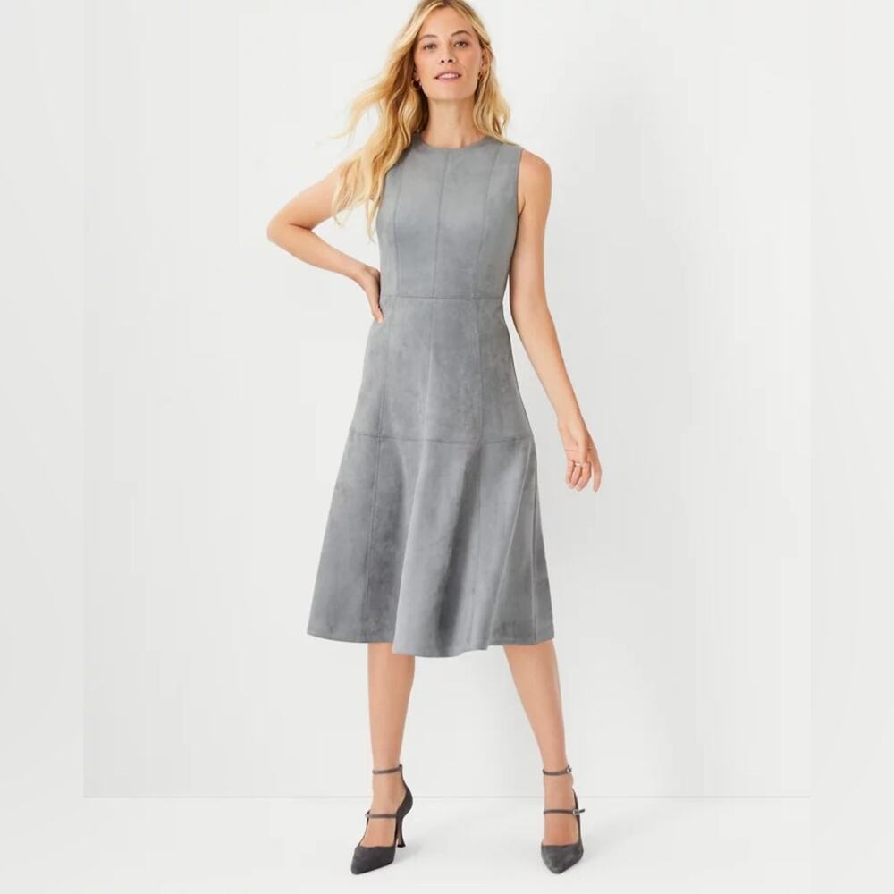 NEW Ann Taylor Faux Suede Midi Flare Dress in Gray - Size 6
